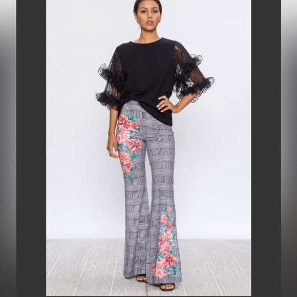 Flying Tomato Pants - NEW Flying Tomato Plaid Flare Pants with Pink Floral Embroidery